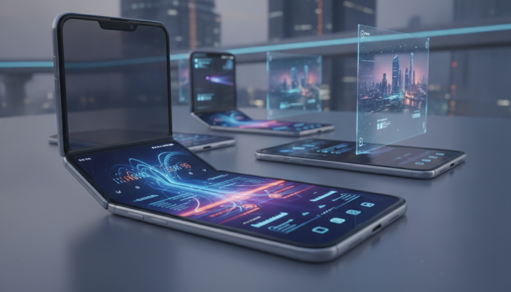 A futuristic mobile phone design displayed in a sleek, modern environment. The foreground features a cutting-edge foldable smartphone, folded at an elegant angle, showcasing a vibrant display with minimal bezels and advanced user interface elements. The device is made from light, premium materials with a metallic finish. In the middle ground, additional concept phones are arranged in a dynamic layout, combining transparent screens and holographic projections. The background shows a tech-inspired urban landscape at dusk, illuminated by soft neon lights, creating a harmonious atmosphere of innovation. The lighting is moody yet bright enough to highlight the phone's features, captured from a slightly elevated angle to emphasize its luxurious design. The overall feel is sleek, modern, and aspirational, inviting viewers into the future of mobile technology.