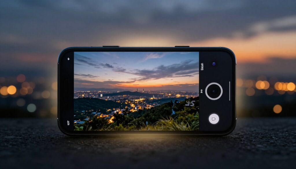 A realistic scene featuring a modern smartphone prominently displayed in the foreground, showcasing its camera lens capturing a vibrant, digitally enhanced image of a scenic landscape. The phone should be labeled with the brand name "الذكاء المحمول." In the middle ground, a soft glow emerges from the phone's screen, illustrating the impact of AI image processing on visual details. The background reveals a blurred cityscape at dusk, illuminated by warm lights, enhancing the contrast between reality and augmented visuals. Use dramatic lighting to emphasize the phone and its screen, while creating a mysterious atmosphere that embodies the theme of transformation in image generation. Ensure the composition is balanced and captures a sense of intrigue in technology’s role in enhancing photographs.