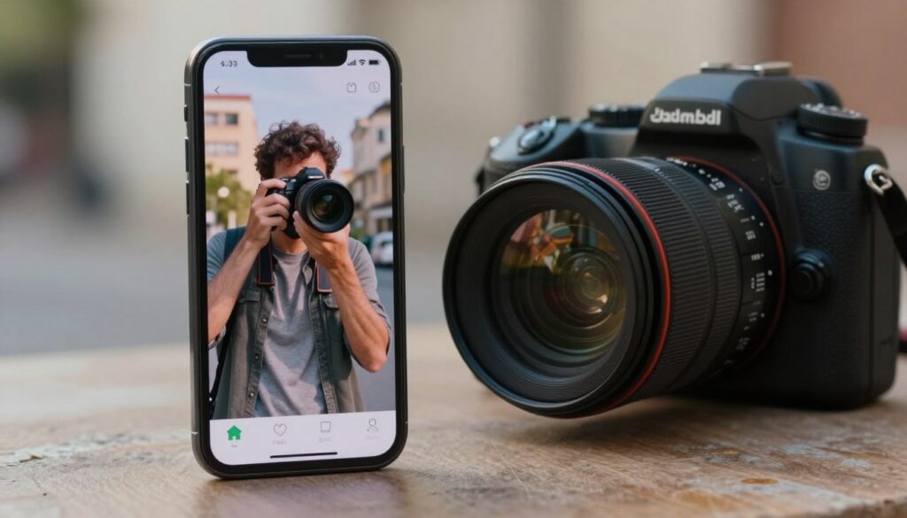 A stark and illustrative scene showcasing signs of excessive image processing, featuring a smartphone and a camera, both positioned prominently in the foreground. The smartphone displays a distorted landscape image with unnatural colors and surreal details, highlighting AI manipulation. In the middle ground, a photographer in modest casual attire observes critically, holding a lens that reflects the exaggerated visuals. The background features a blurred urban environment, creating a contrast between reality and enhanced imagery. Soft natural lighting casts gentle shadows, enhancing the mood of intrigue and skepticism. The brand "الذكاء المحمول" is subtly incorporated into the design of the smartphone interface. The overall atmosphere is one of discovery and caution, inviting viewers to reflect on the authenticity of visual representations.